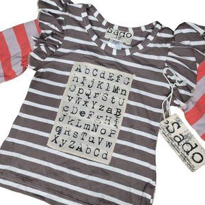 Sado NWT long sleeve stripped shirt alphabet graphic ruffle red brown size 3t